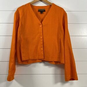 Finity Naturals Womens 100% Linen V Neck Button Up Crop Shirt sz 8 Orange Bold